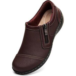 👑Women Comfortable And Lightweight Coffee Leather Loafers Casual Zipper Closure